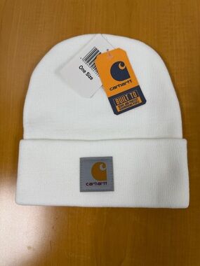 Carhartt White Knit Beanie with Tan Logo Patch
